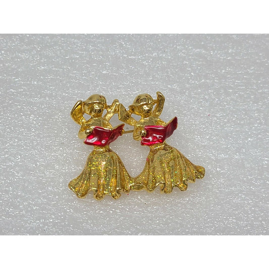 Vintage Signed AAI Christmas Angels Singing Gold Tone Glitter Pin Brooch