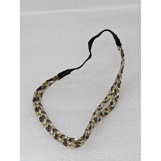 Silver Gold & Brown Tone Braided Hair Headband Double Strand