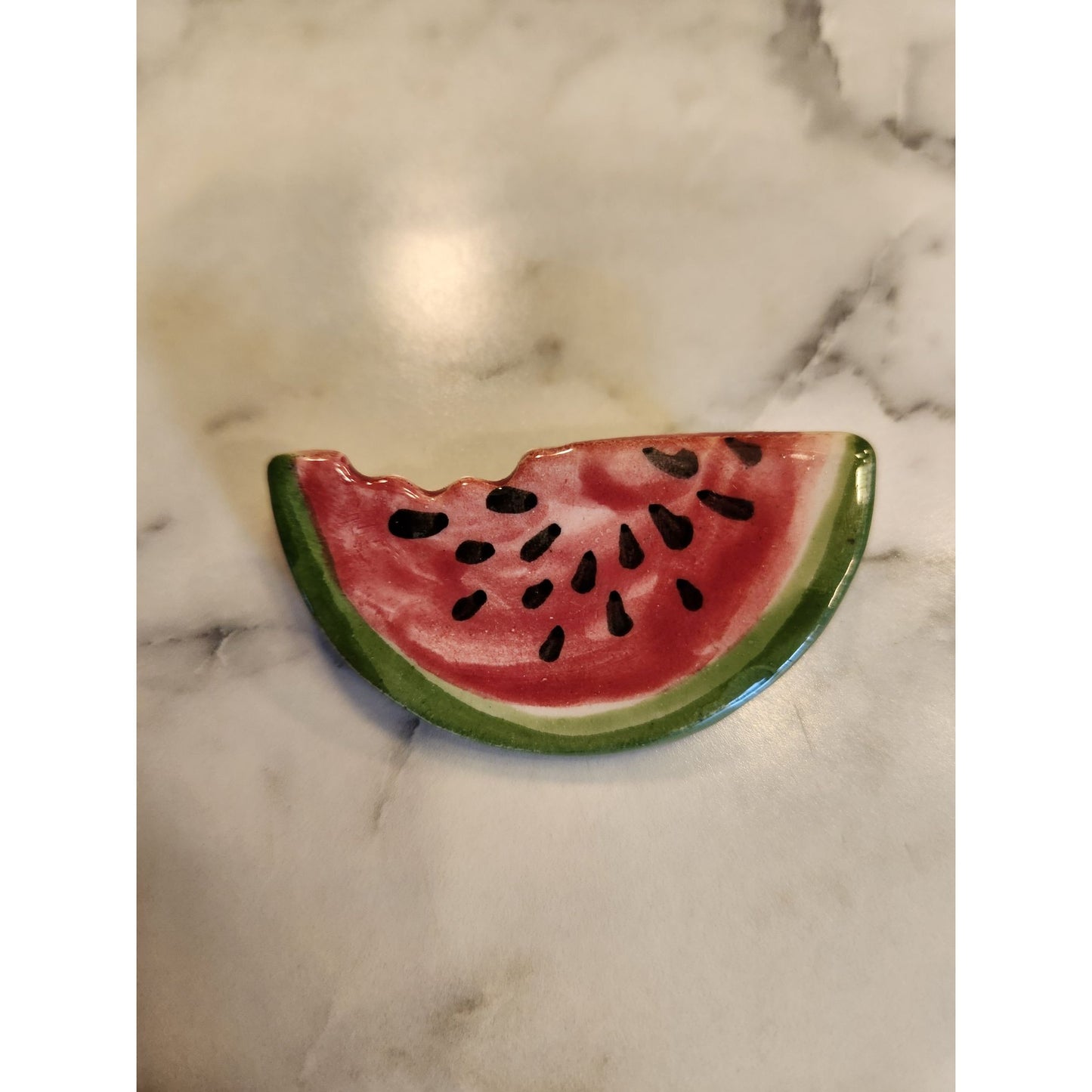 Vintage Ceramic Watermelon Slice Brooch Pin Back Handpainted