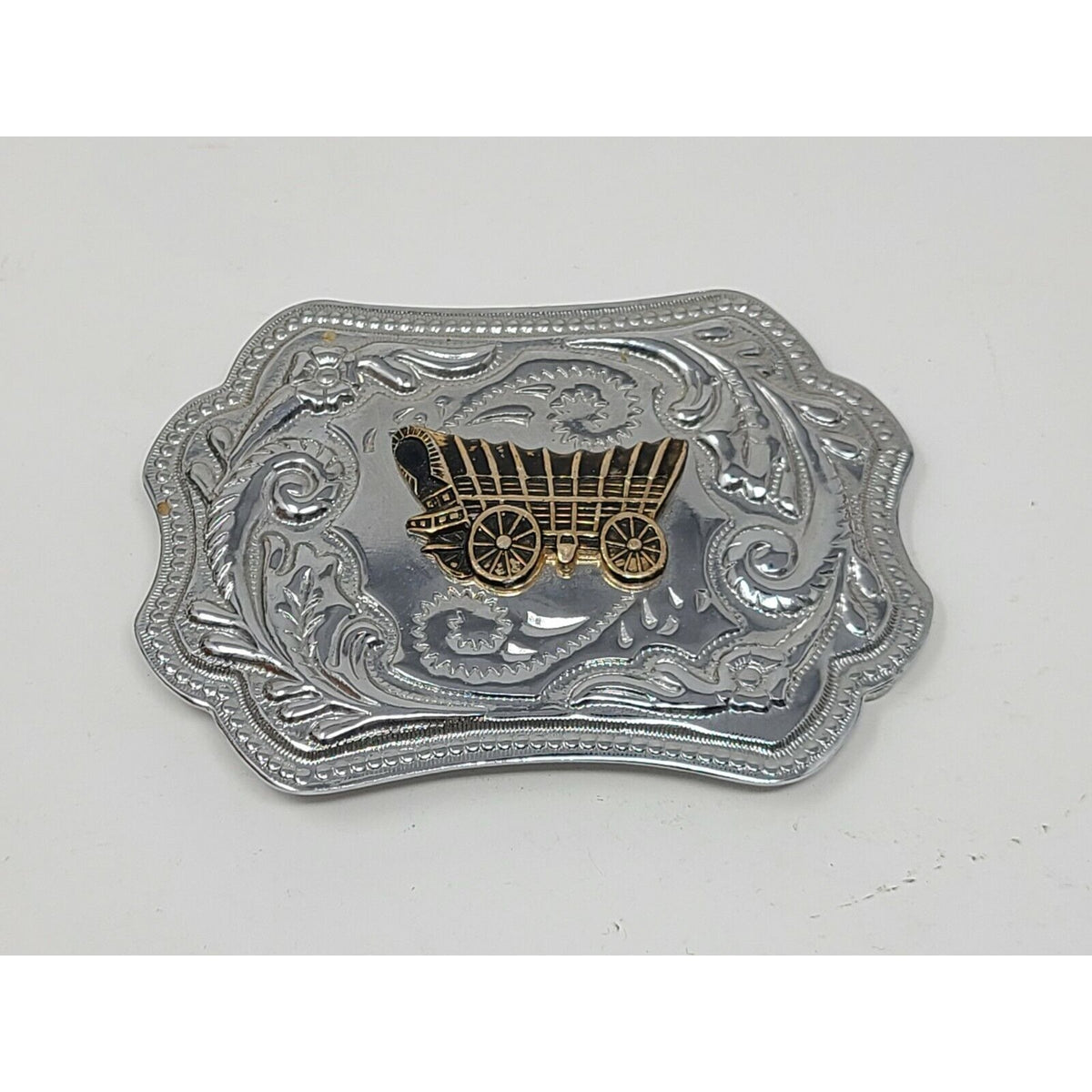 Vintage Western Covered Wagon Engraved Nickel Silver Tone Belt Buckle