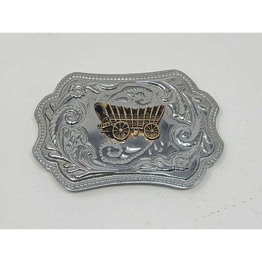 Vintage Western Covered Wagon Engraved Nickel Silver Tone Belt Buckle