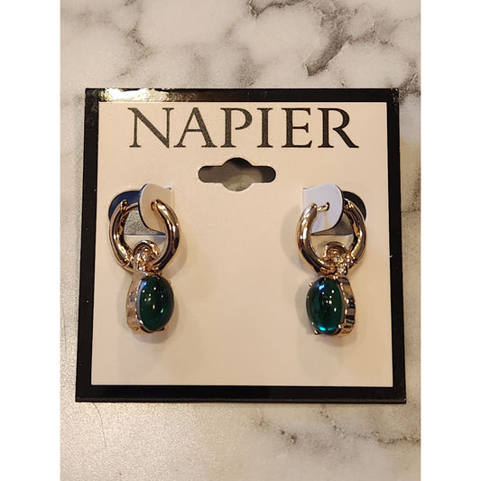 Napier Gold-Tone Earrings With Green Oval Gemstone & Rhinestone Accents