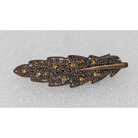 Vintage Goody Bronze Floral Leaf Hair Clip With Yellow Rhinestones