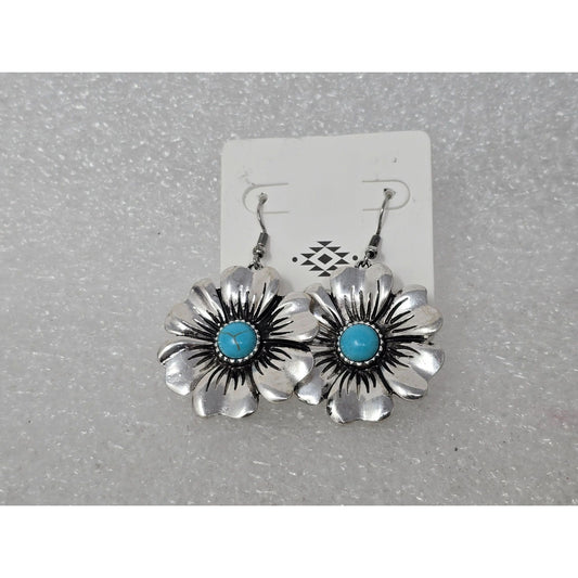 Silver Tone & Faux Turquoise Floral Drop Earrings