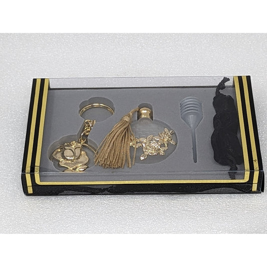 Vintage Miniature Perfume Bottle & Gold Tone Rose Key Chain Gift Set