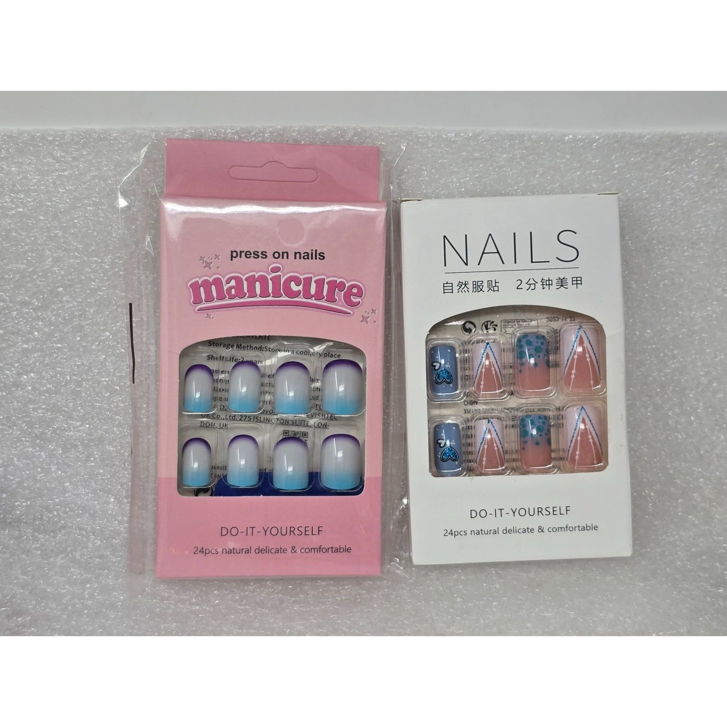 Press On Nails Bundle 24pcs Blue Ombre French Tip & Heart Design False Nails Set