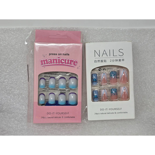 Press On Nails Bundle 24pcs Blue Ombre French Tip & Heart Design False Nails Set