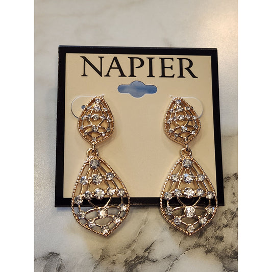 Napier Gold Tone Crystal Teardrop Dangle Earrings Filigree Design & Post Backs