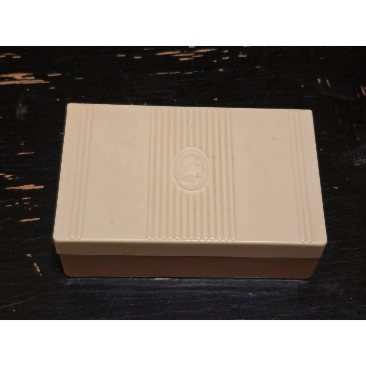 Vintage Ivory Plastic Trinket Box Raised Cameo Lid Hinged Vanity Storage Case