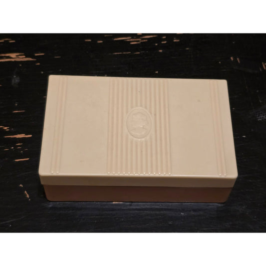 Vintage Ivory Plastic Trinket Box Raised Cameo Lid Hinged Vanity Storage Case