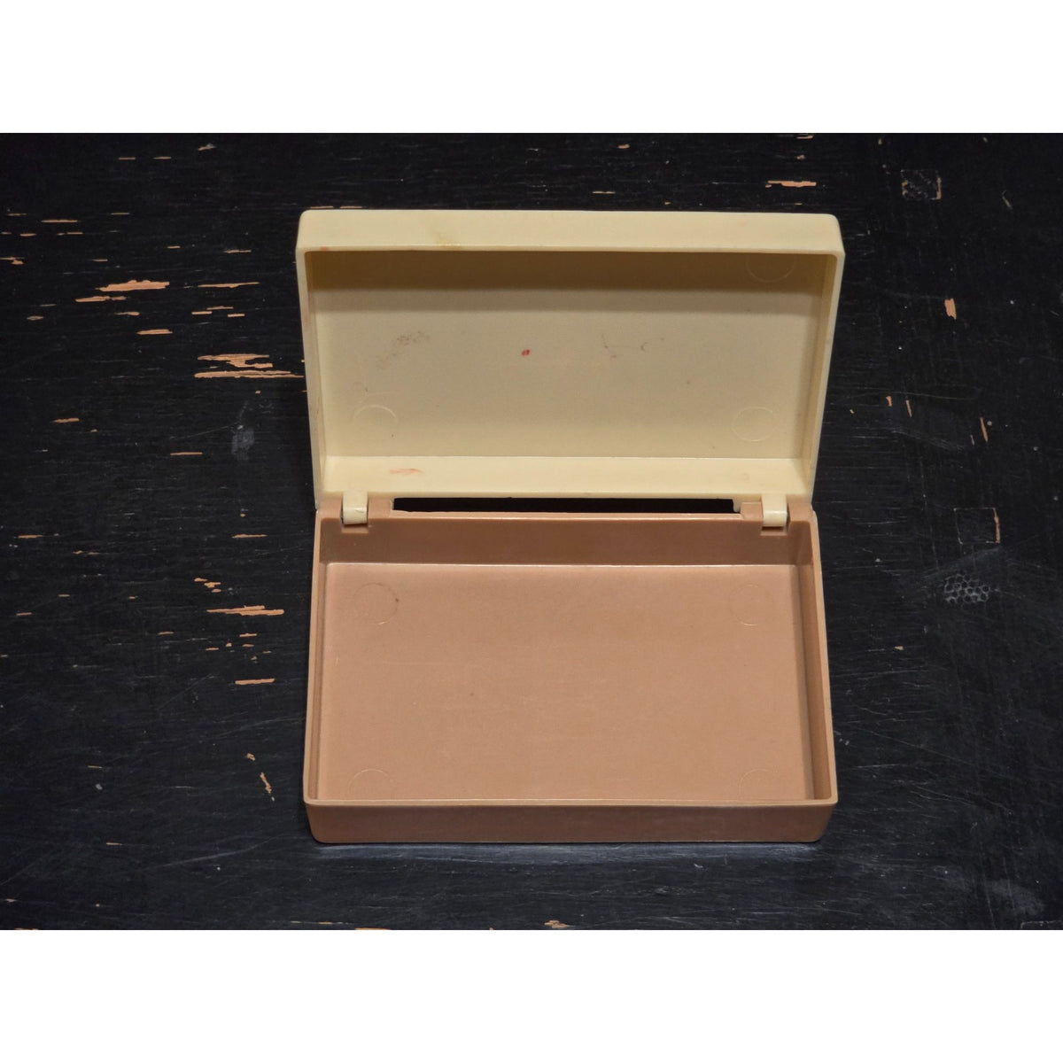 Vintage Ivory Plastic Trinket Box Raised Cameo Lid Hinged Vanity Storage Case