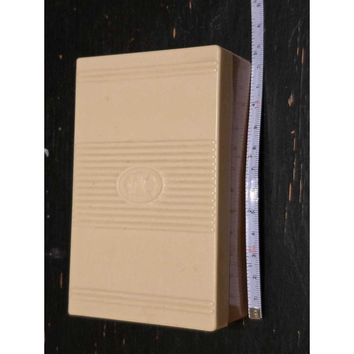 Vintage Ivory Plastic Trinket Box Raised Cameo Lid Hinged Vanity Storage Case