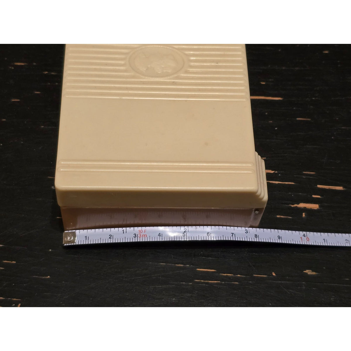 Vintage Ivory Plastic Trinket Box Raised Cameo Lid Hinged Vanity Storage Case