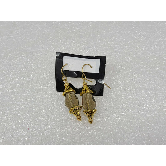 Fashion Dangle Earrings Gold Tone w/Taupe Colored Beads