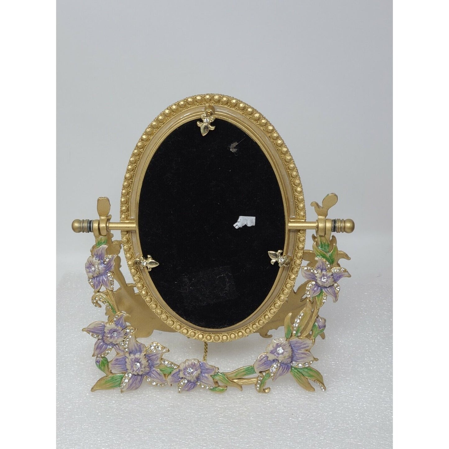 Vintage Dresser Tabletop Vanity Mirror W/Purple Flowers & Rhinestones