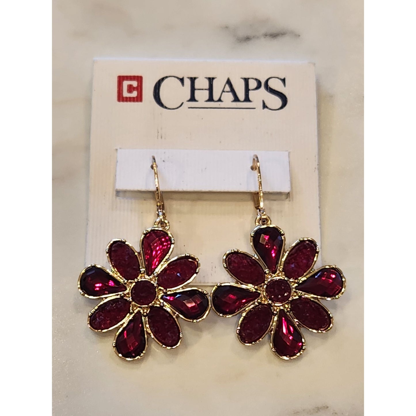 Chaps Gold-Tone Red Gemstone Flower Drop Earrings