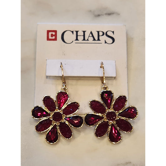 Chaps Gold-Tone Red Gemstone Flower Drop Earrings