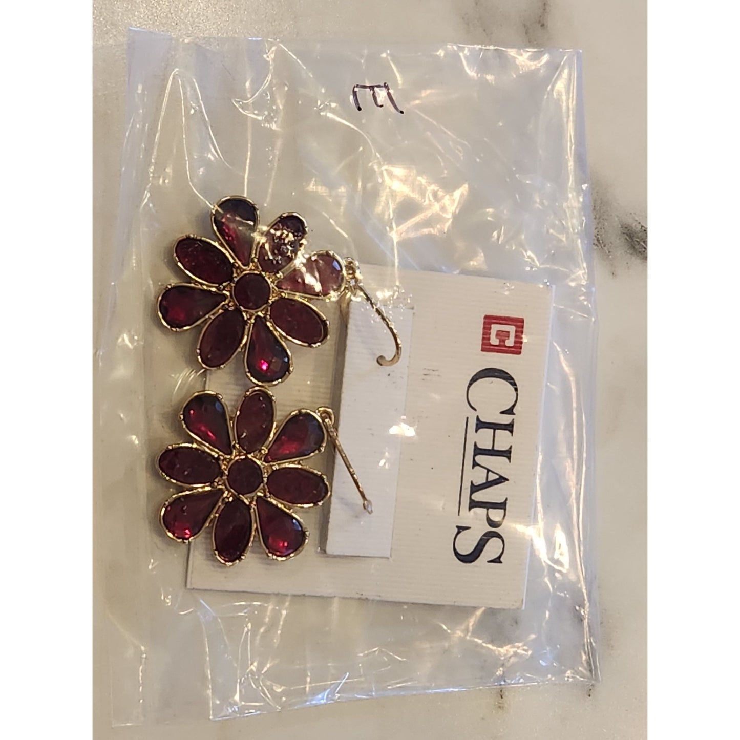 Chaps Gold-Tone Red Gemstone Flower Drop Earrings