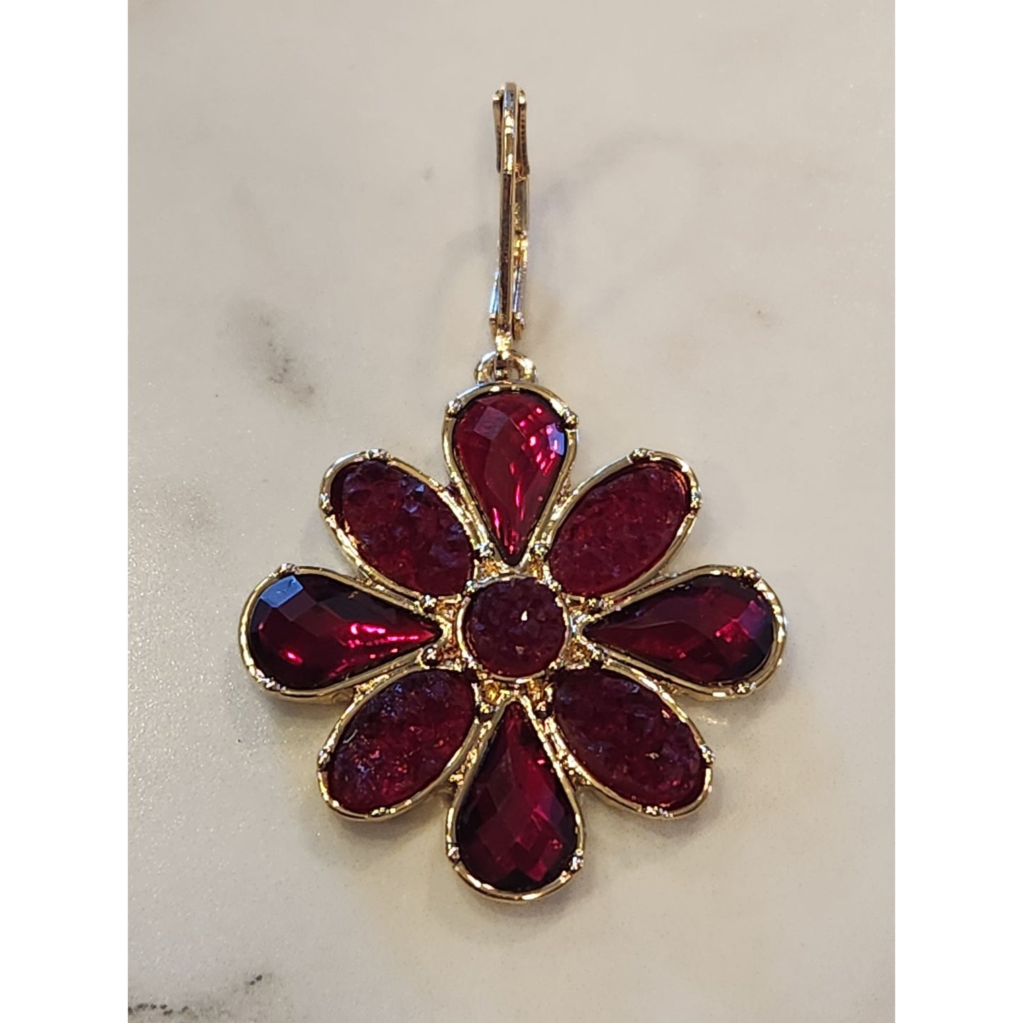 Chaps Gold-Tone Red Gemstone Flower Drop Earrings