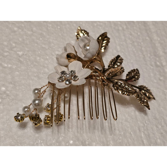 Gold Tone Floral Hair Comb White Flowers Pearls & Rhinestones Bridal Hairpiece