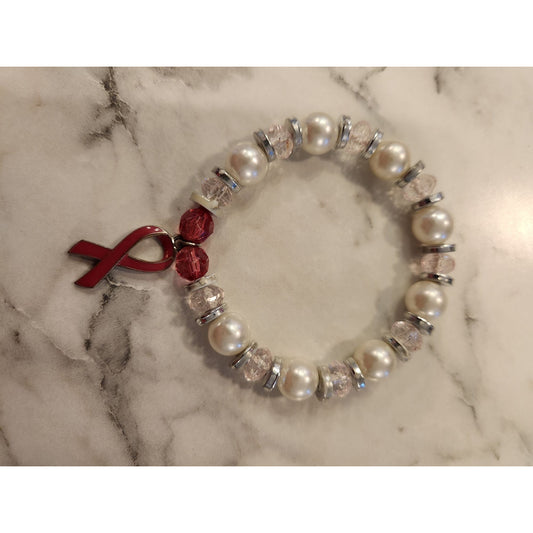 Beaded Awareness Faux Pearl Bracelet With Pearls & Red Ribbon Charm