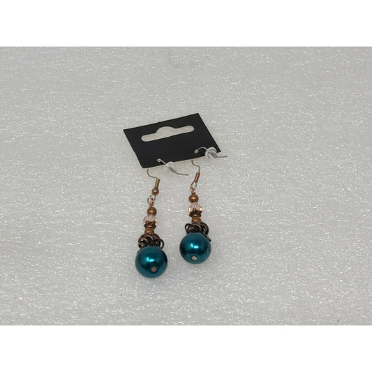 Fashion Dangle Earrings Bronze Tone W/ Teal Beads