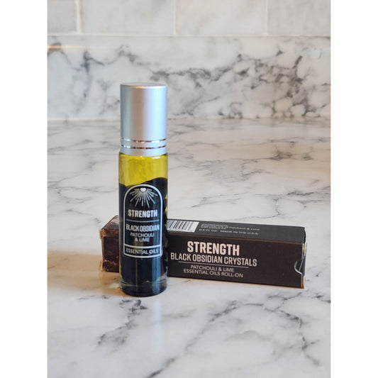 Strength Black Obsidian Crystals Patchouli & Lime Essential Oils Roll On 0.5 Oz