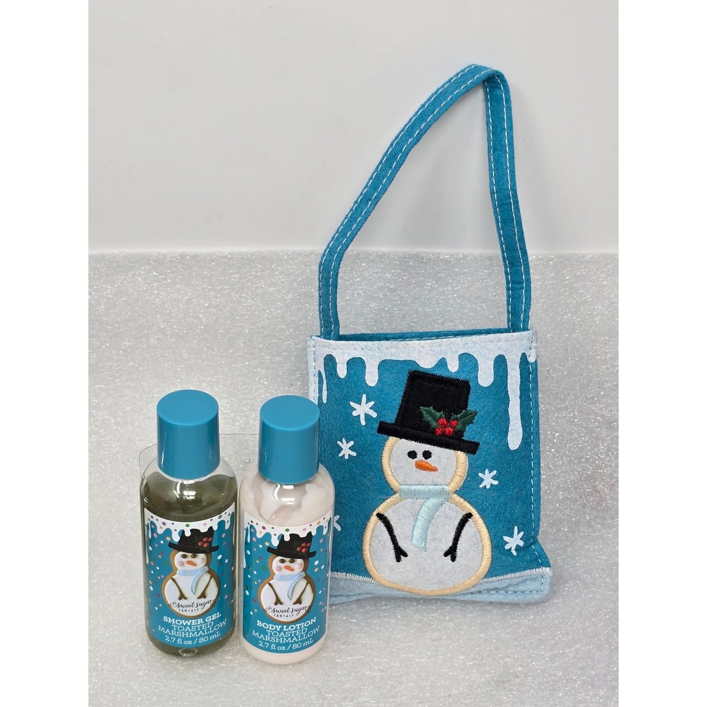 Sweet Sugar Fantasy Snowman Felt Gift Bag Shower Gel Lotion Toasted Marshmallow