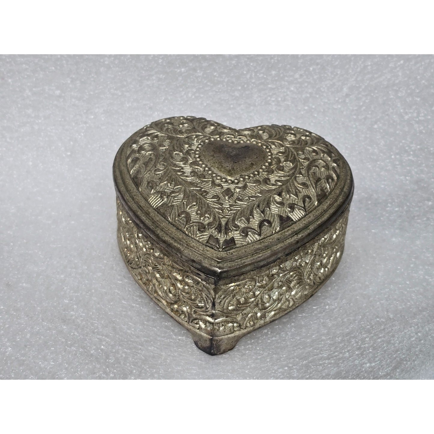 Vintage Heart Shaped Embossed Metal Jewelry Trinket Box Ornate Floral Design