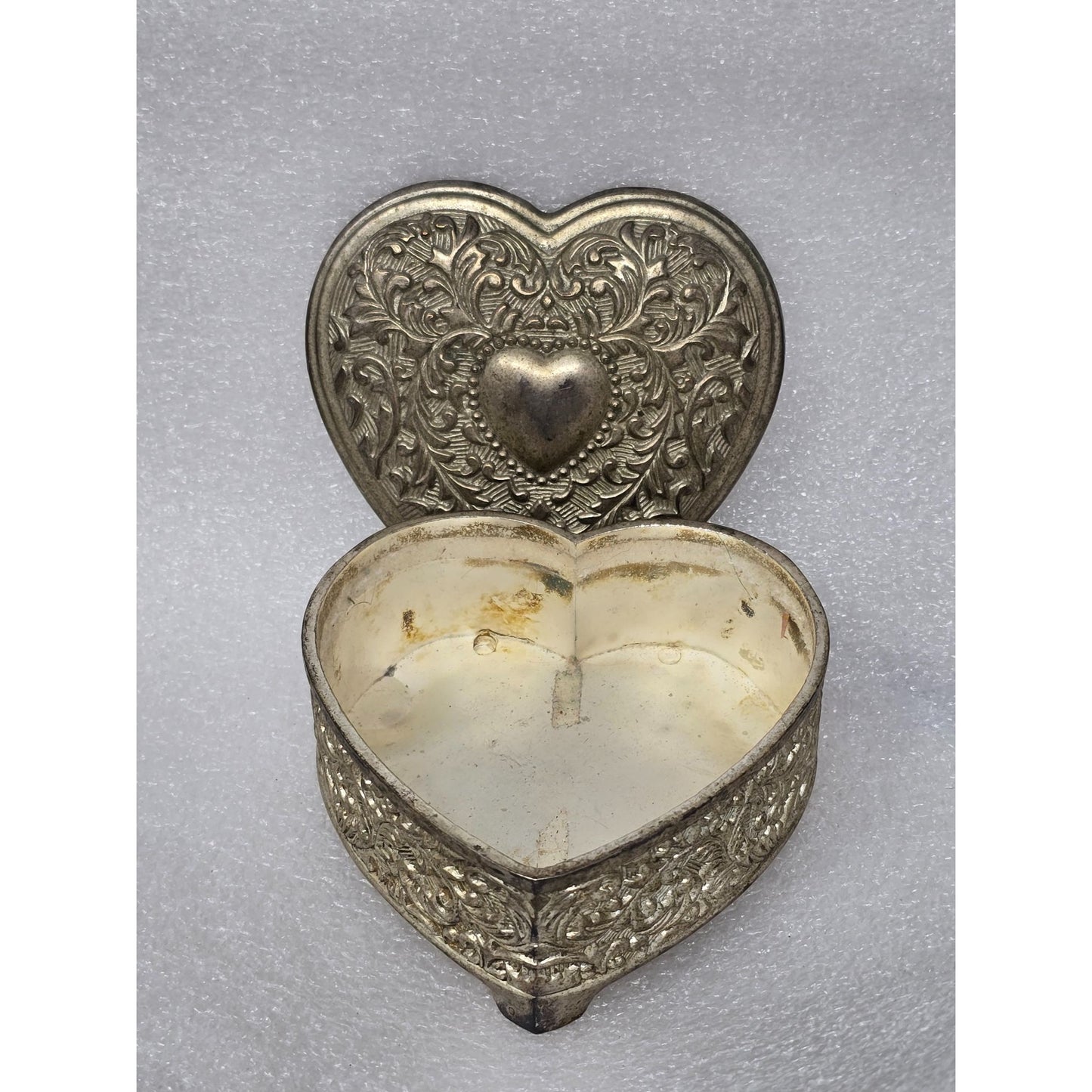 Vintage Heart Shaped Embossed Metal Jewelry Trinket Box Ornate Floral Design