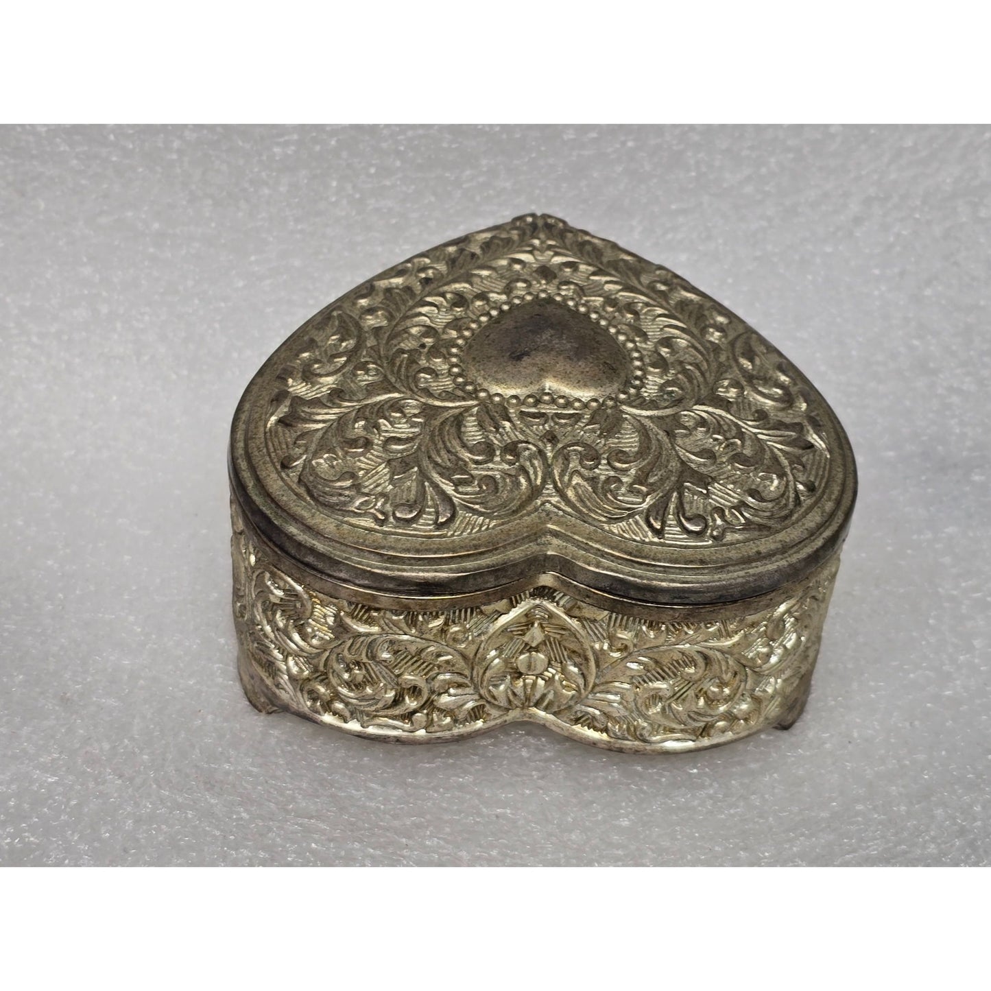 Vintage Heart Shaped Embossed Metal Jewelry Trinket Box Ornate Floral Design