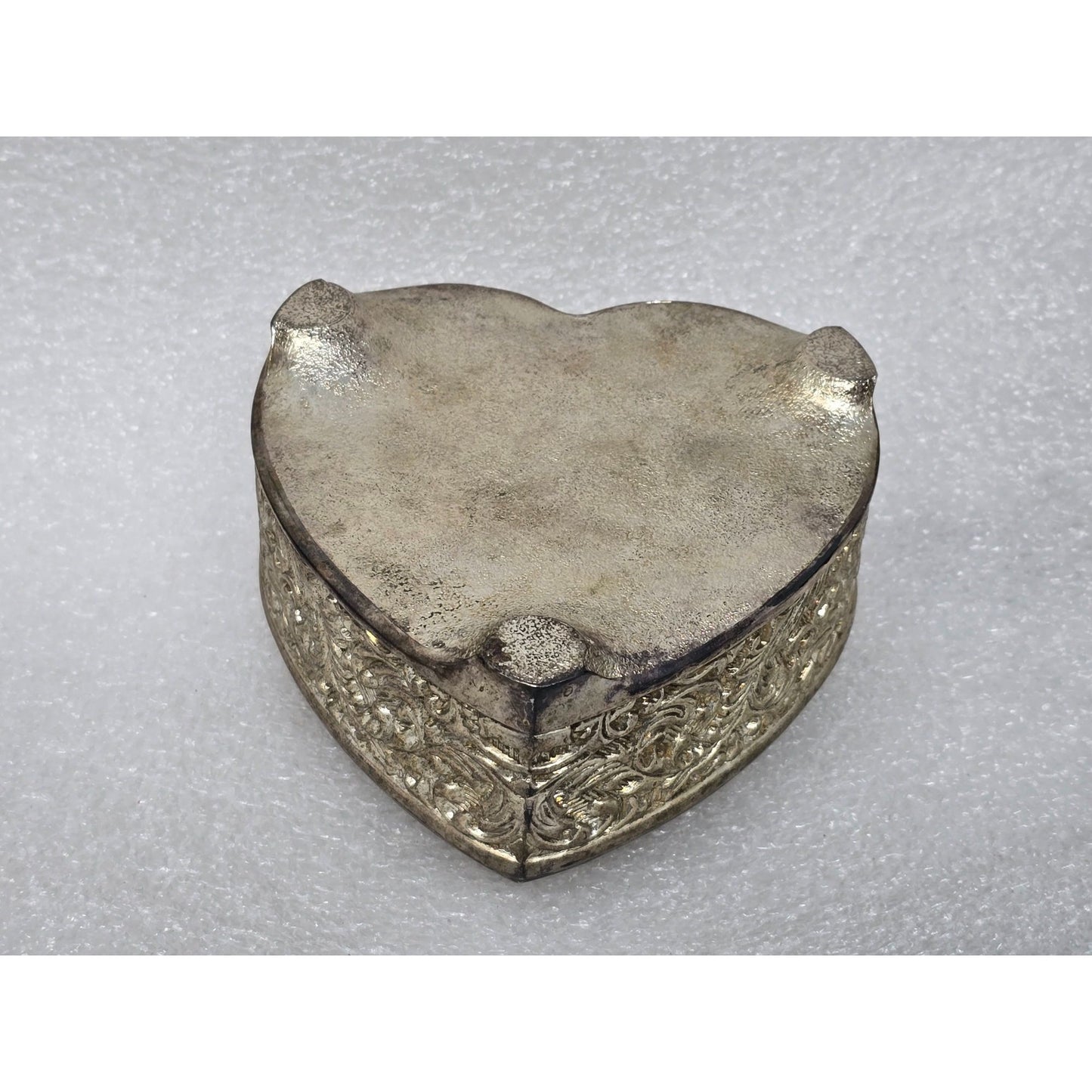 Vintage Heart Shaped Embossed Metal Jewelry Trinket Box Ornate Floral Design