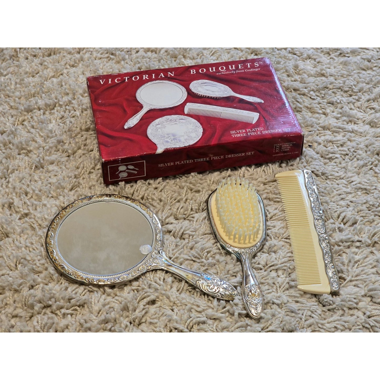 Godinger Victorian Bouquets Silver Plated Vanity Set Mirror Brush Comb Vintage