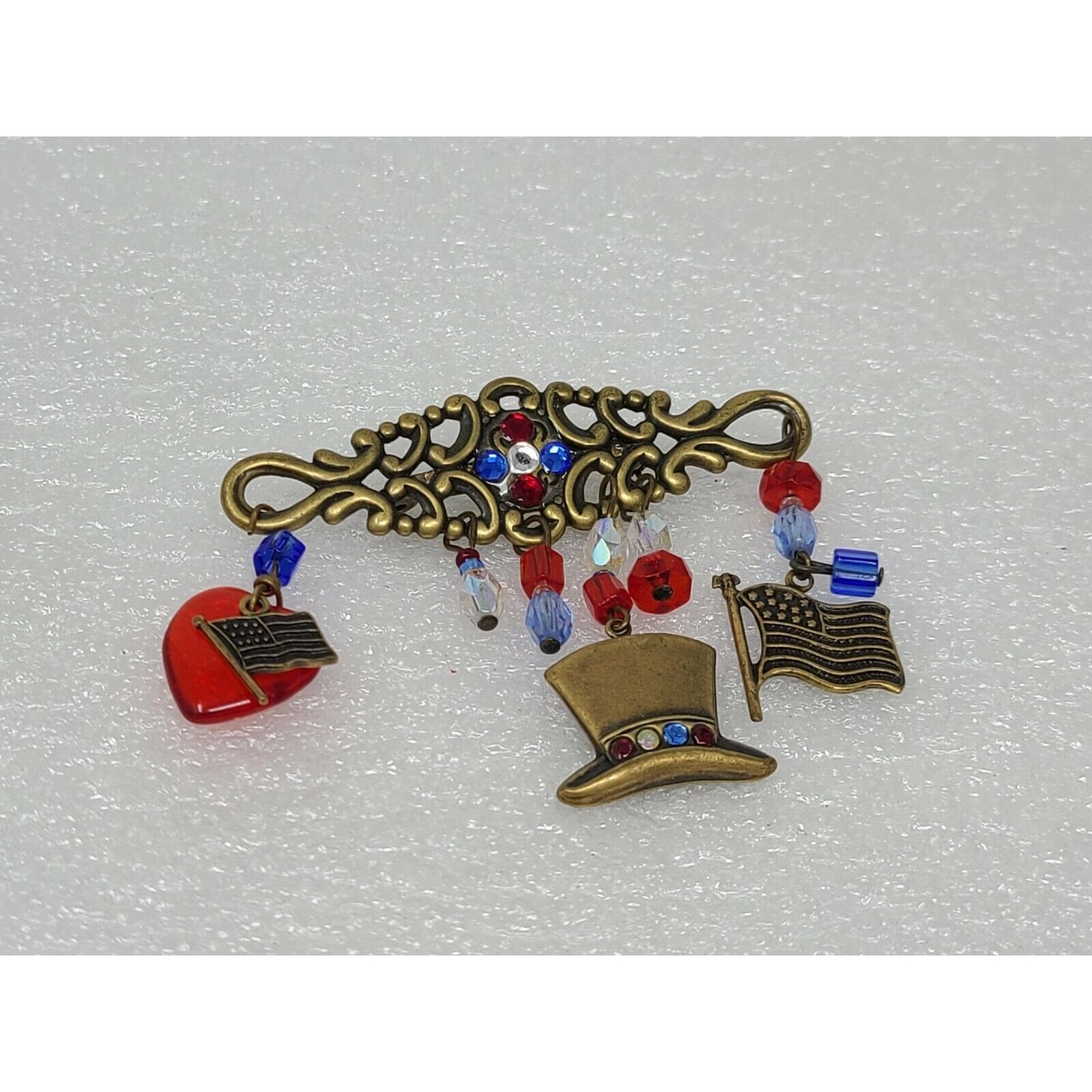 Vintage Bar Pin Brooch w/ Dangling Charms Heart Hat American Flag