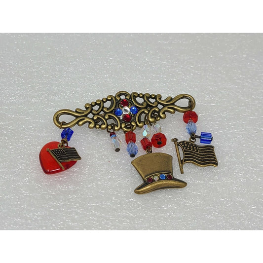 Vintage Bar Pin Brooch w/ Dangling Charms Heart Hat American Flag