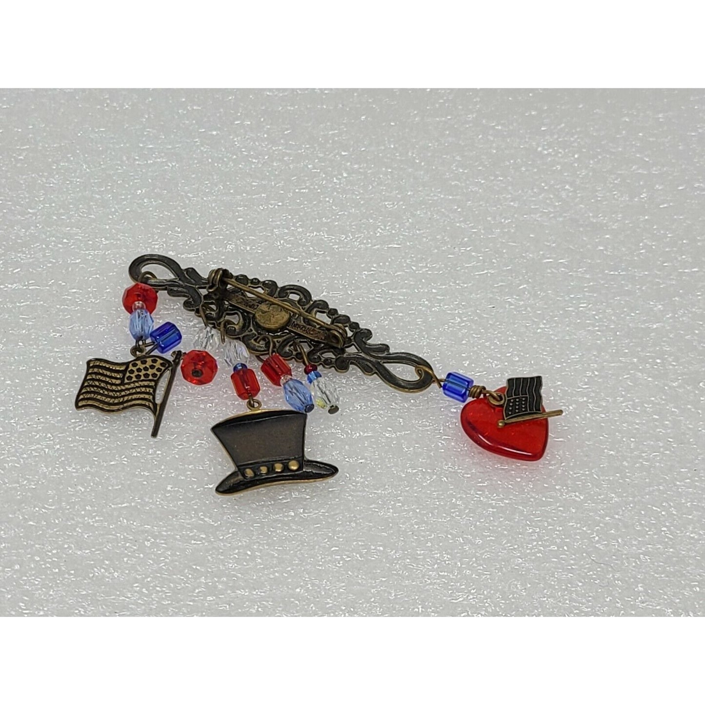 Vintage Bar Pin Brooch w/ Dangling Charms Heart Hat American Flag