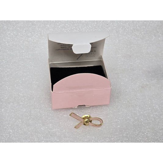 Avon Breast Cancer The Heart of The Crusade Gold Tone & Pink Ribbon Pin With Box