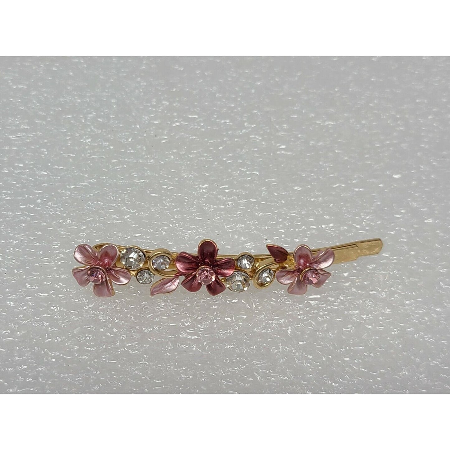 Vintage Enamel & Rhinestone Flower Hair Bobby Pin Barrette Pink Goldtone