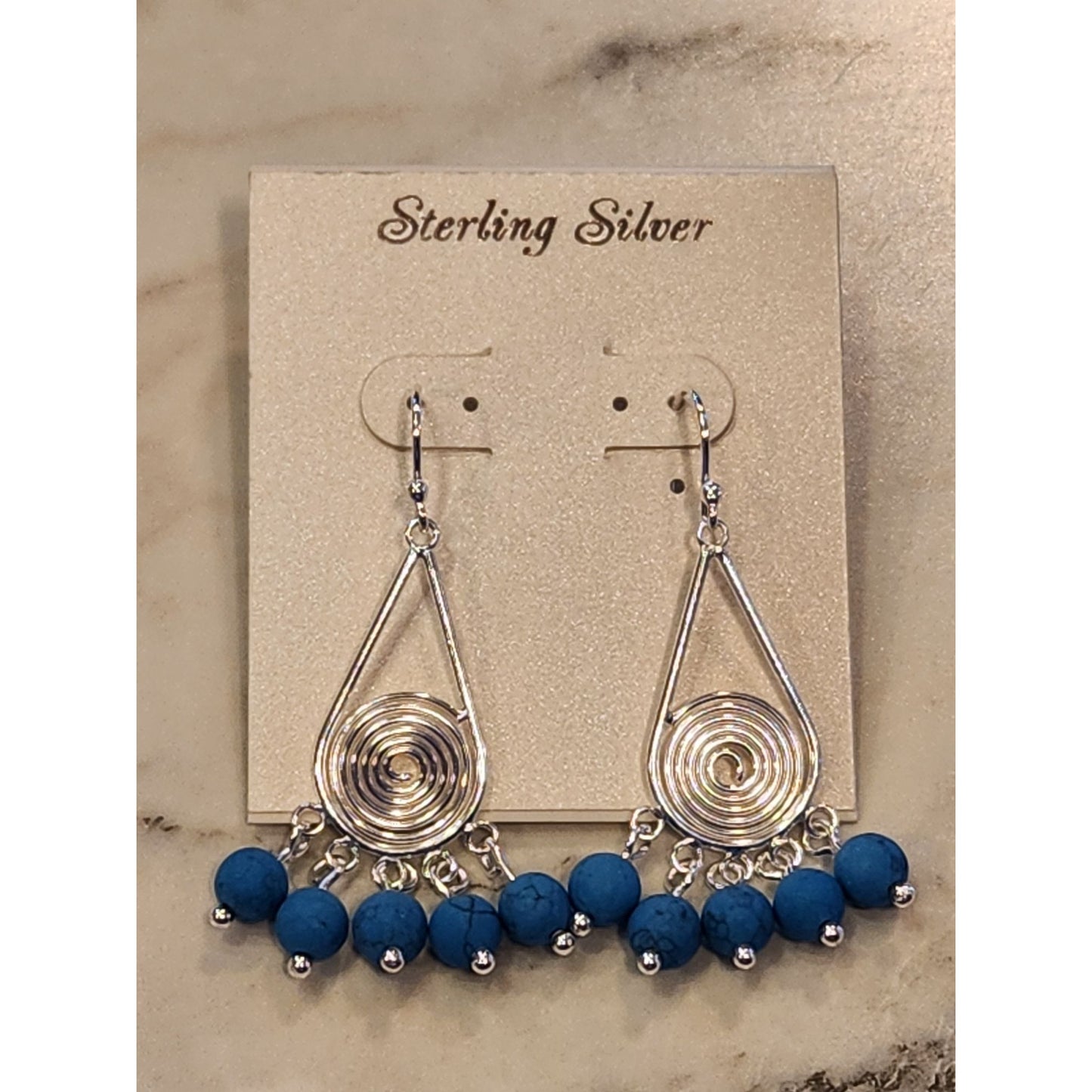 Sterling Silver Spiral Drop Earrings With Blue Beads