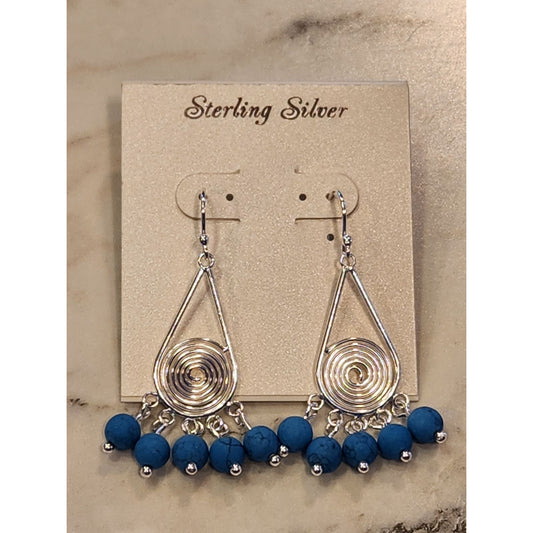 Sterling Silver Spiral Drop Earrings With Blue Beads