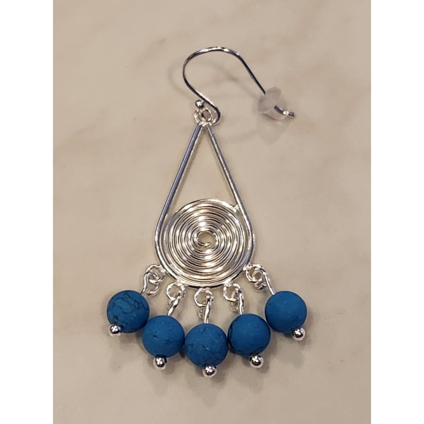 Sterling Silver Spiral Drop Earrings With Blue Beads