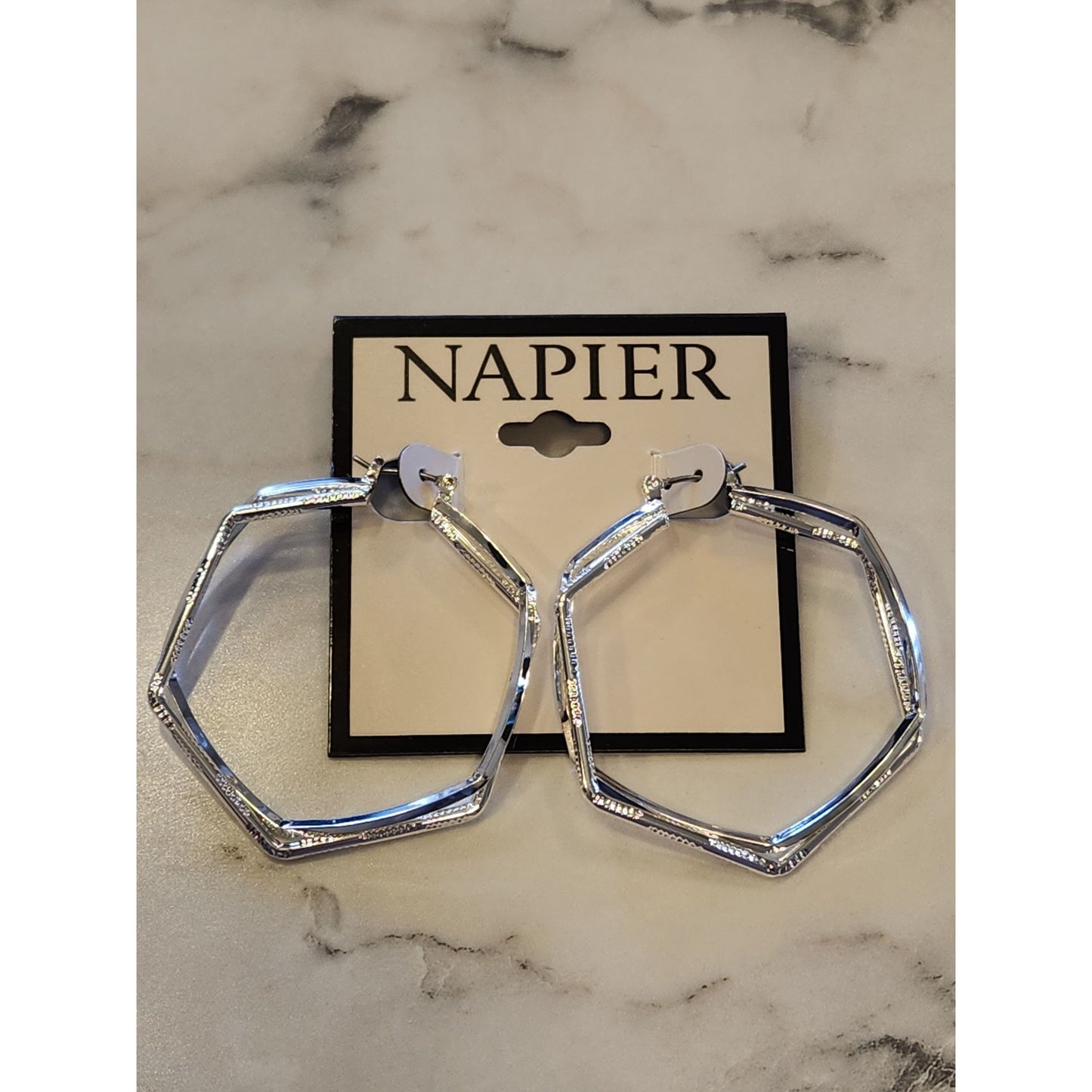 Napier Silver-Tone Geometric Hexagon Hoop Earrings