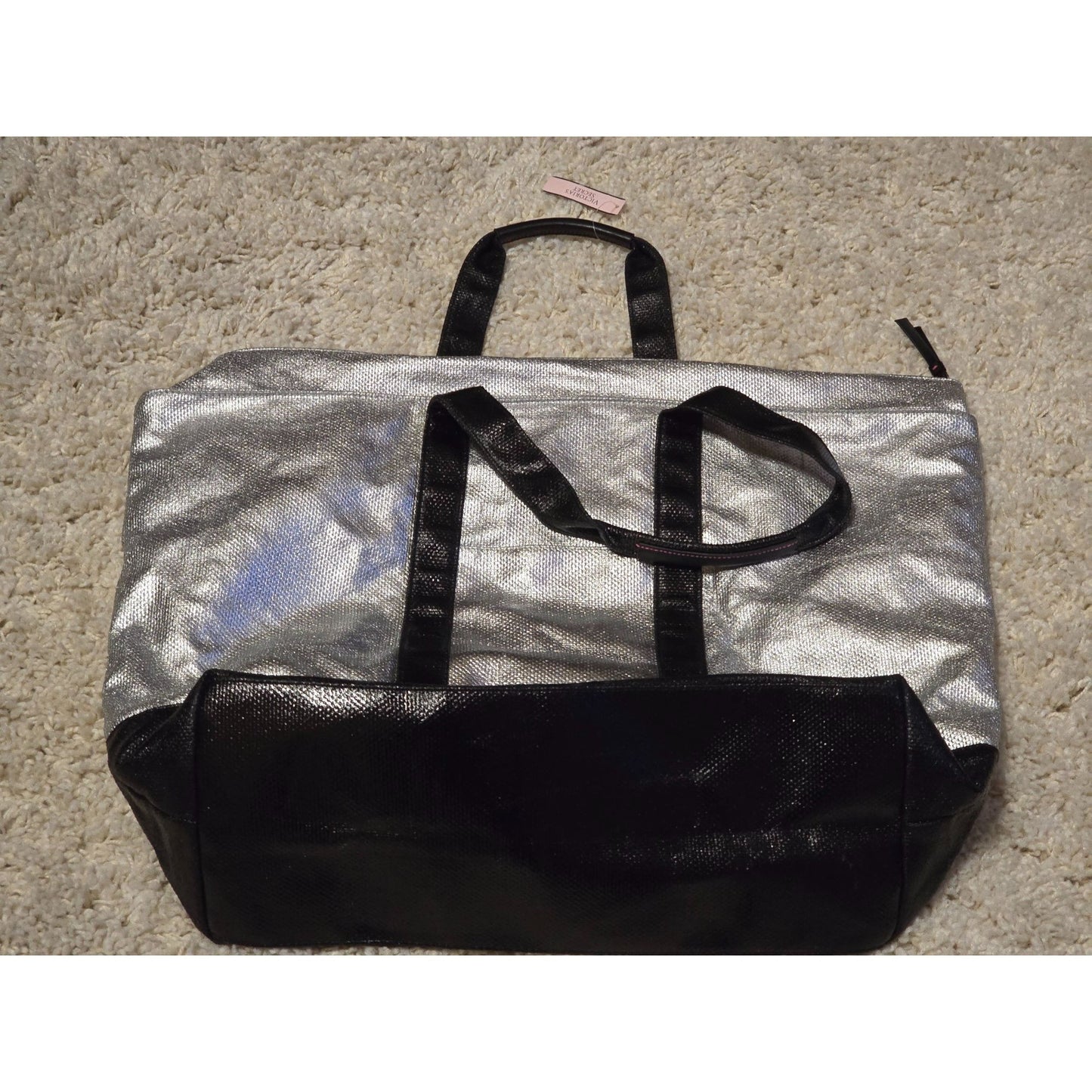 Victoria's Secret Metallic Silver Black Weekender Duffel Travel Bag Large