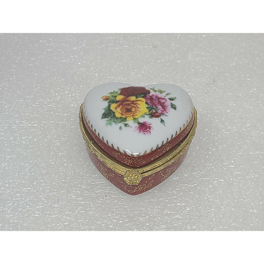 Vintage Floral Porcelain Trinket Jewelry Box Hinged Heart Shaped Roses