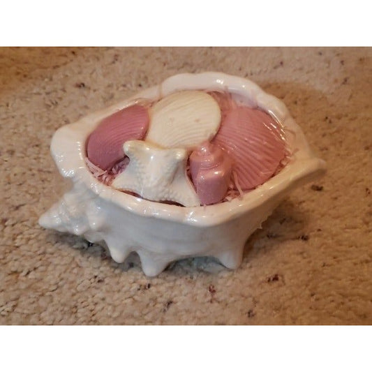 Vintage Ceramic Med Conch Seashell Soap Dish with Rose Soap