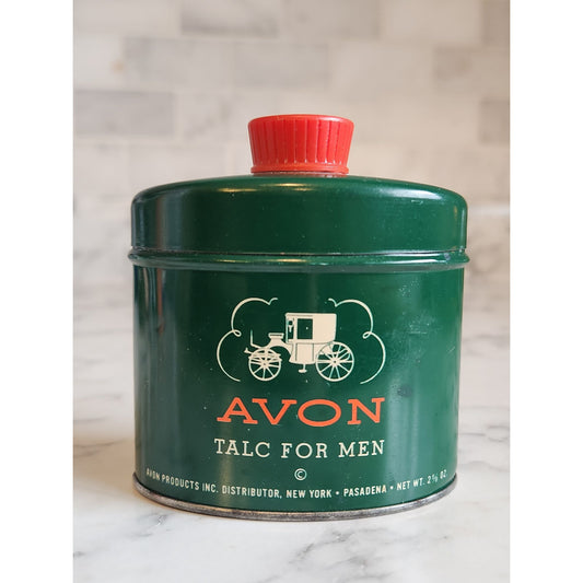 Vintage Avon Talc For Men Green Tin With Red Cap 2 5/8 Oz Made In USA