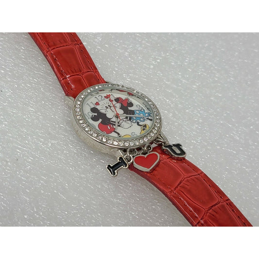 Disney Mickey & Minnie I Love You Kissing Watch with Charms Red Band MCKAQ1268