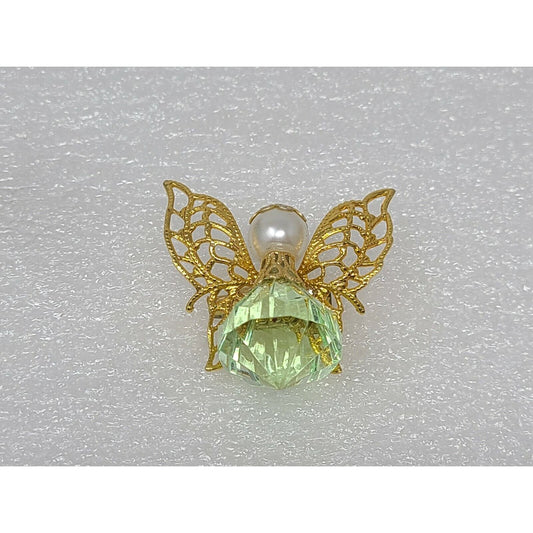 Vintage Christmas Angel Pin Brooch Gold Tone / Green w/Faux Pearl