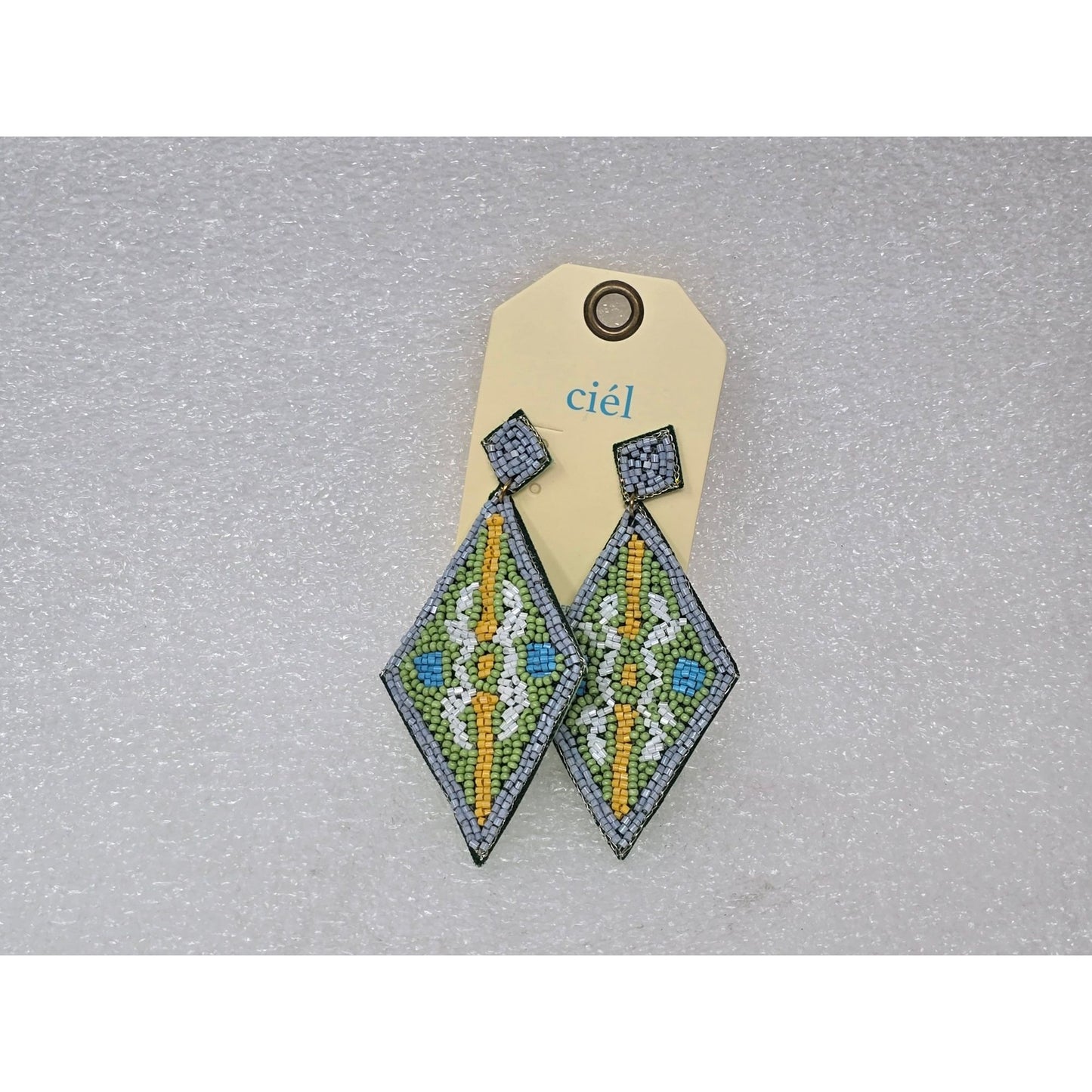 Handcrafted Diamond-Shaped Beaded Drop Earrings By Ciel Green & Blue Geometric