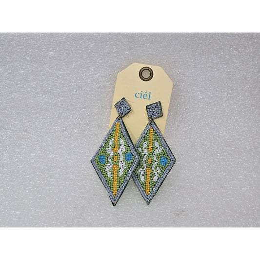 Handcrafted Diamond-Shaped Beaded Drop Earrings By Ciel Green & Blue Geometric